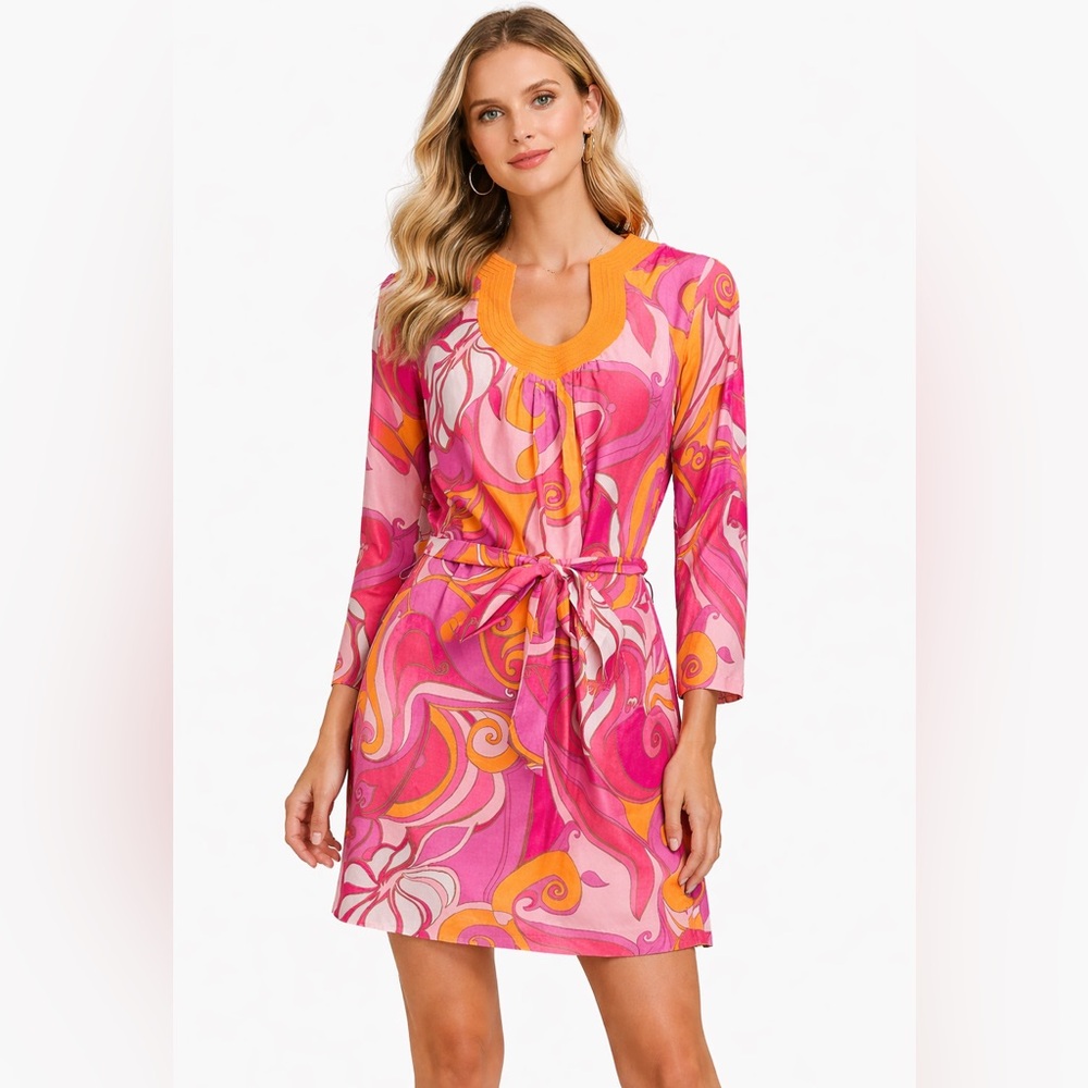 Trina Turk x Banana Republic Pink Orange Swirl Long Sleeve Shift Dress Small